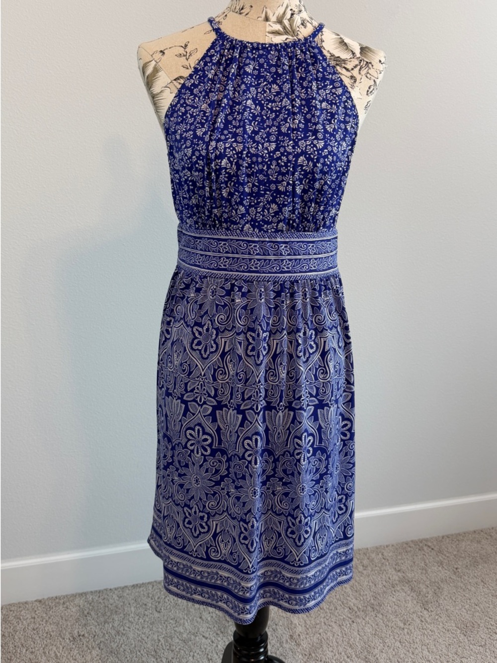 London Times Royal Blue Halter Midi Dress with White Paisley